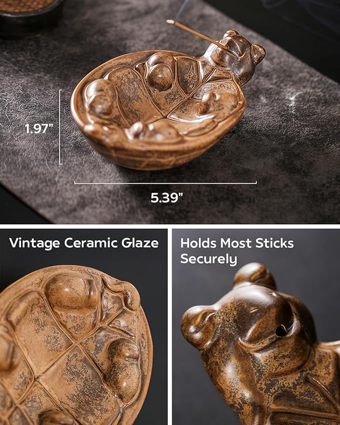 Smoking Turtle Incense Stick Holder - Funny Ceramic Incense Burner with Ash Catcher, Relaxing Desk Decor for Home & Office