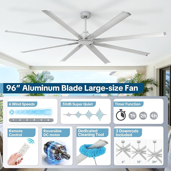 96 Inch Industrial Ceiling Fan No Light, Large Shop Fan with 8 Aluminum Blades, Quiet Reversible DC Motor,6 Speed Remote Control,3 Downrods, Silver Outdoor Ceiling Fans for Patios,Garage,Gym,Warehouse