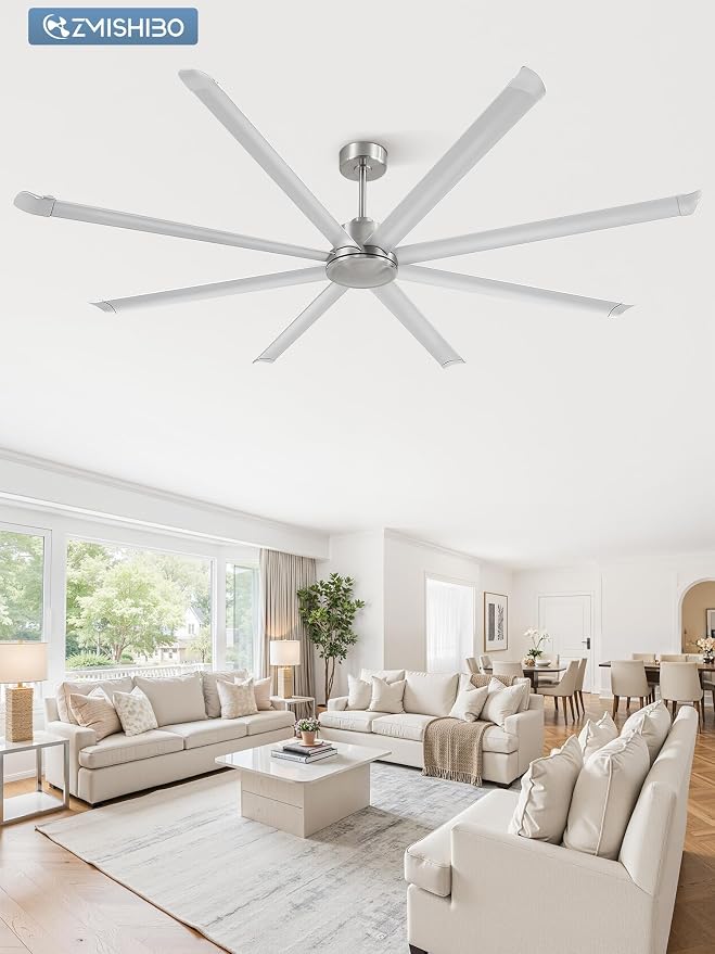 ZMISHIBO 96" Large Industrial Ceiling Fans No light with Aluminum 8 Blades, Commercial HVLS Ceiling Fan without Light,Quiet DC Motor,6 Speeds, Indoor Outdoor Ceiling Fan for Patio, Garage Shop, Nickel