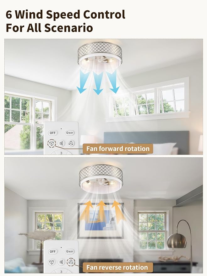 20" Silver Flush Mount Ceiling Fan with Light, Boho Ceiling Fans with Lights Low Profile, Enclosed with Remote Control 6 Speeds for Living Room, Bedroom, Nursery