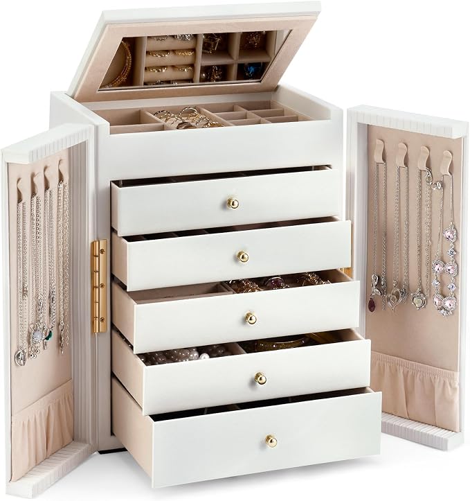 Dajasan Large Jewelry Organizer Box, 6-Tier Jewelry Storage Case with 5 Drawers, Jewelry Boxes for Women Girls with Mirror, Double Door, Textured PU Leather, Gift Idea, Stylish (White + Gold)