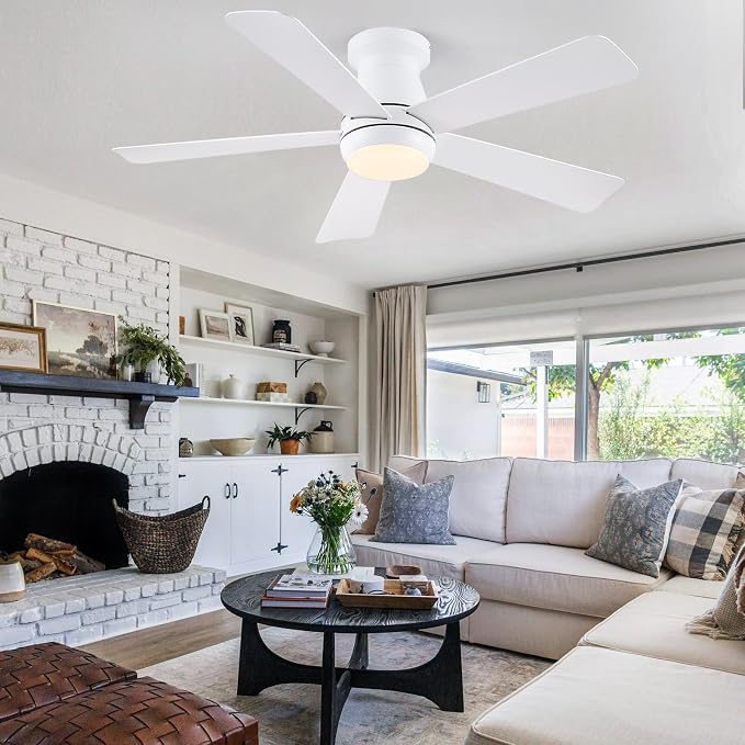 Hounberi 46 Inch Low Profile Ceiling Fan with Light, Modern Flush Mount Ceiling Fans for Low Ceilings, Quiet DC Motor Bedroom Fan, 3CCT Dimmable, Reversible Blades, High Airflow, Energy Saving, White