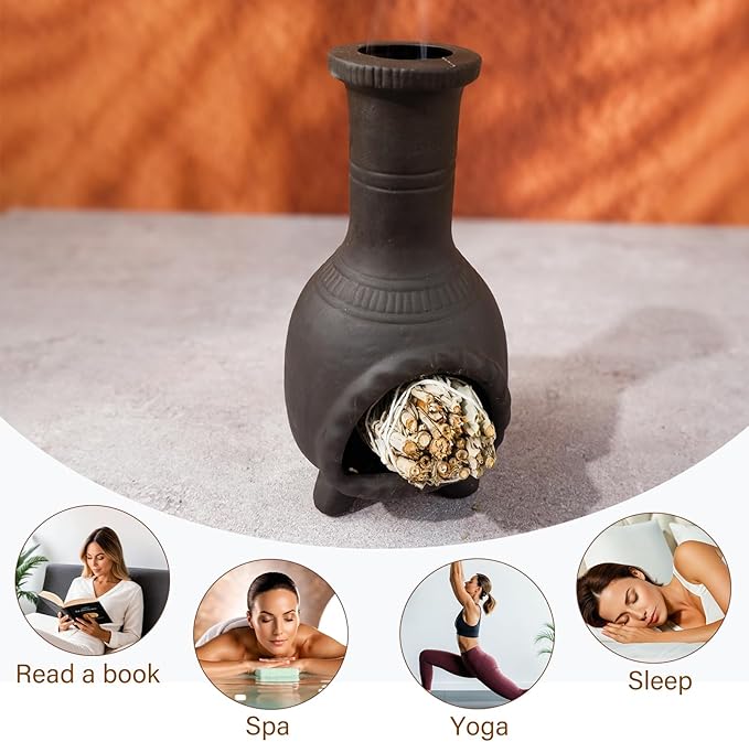 MOUGIGI Handcrafted Palo Santo Burner–Mexican Style Clay Incense Dish for Aromatherapy and Stress Relief–Compatible with Wood Sticks, Sage,Cone Incense–Mini Home Altar with Unique Chimney Design