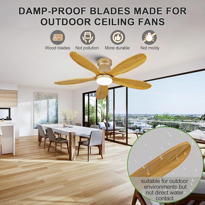 42 Inch Flush Mount Ceiling Fans with Lights and Remote, Dimmable, Wall Switch, 5 Blades Wood Ceiling Fan with Light, Low Profile Outdoor Indoor Modern Ceiling Fan for Bedroom Patio