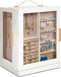 360° Rotating 5‑Drawers Jewelry Box with Top Handle & Glass Window, Spacious Vertical Jewelry Organizer, Jewelry Storage Case, Dustproof & Moisture‑resistant Design. (White)