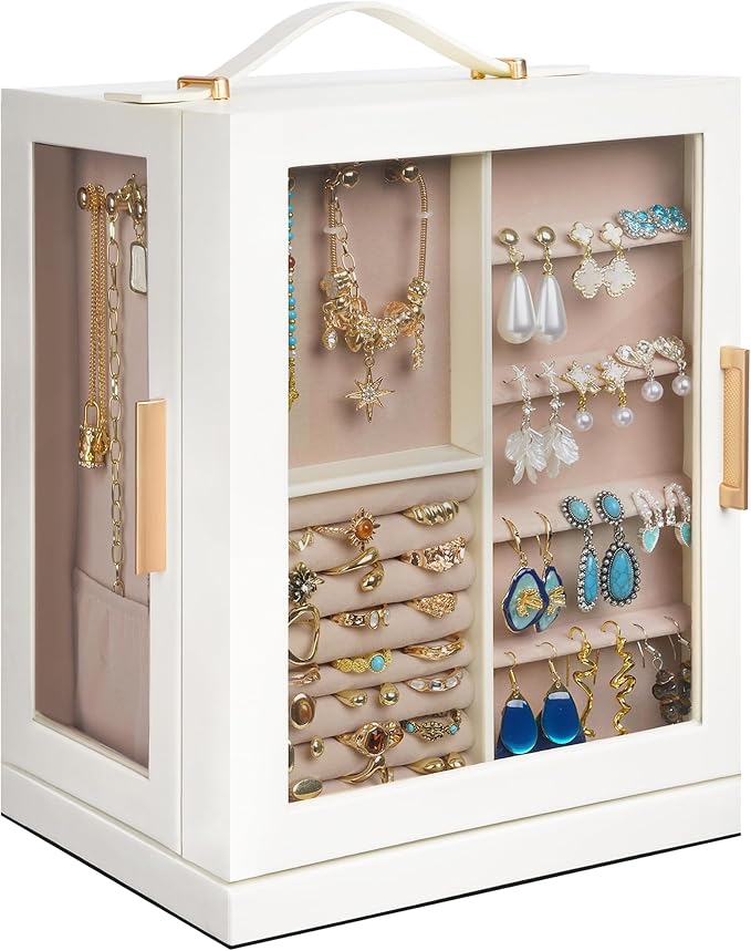 360° Rotating 5‑Drawers Jewelry Box with Top Handle & Glass Window, Spacious Vertical Jewelry Organizer, Jewelry Storage Case, Dustproof & Moisture‑resistant Design. (White)