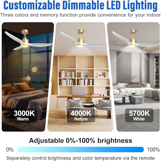 52 Inch White Gold Ceiling Fan with Light, 3 Blades Fan with Filter for Pet Home, High CFM Quiet DC Motor Fan with Remote Control for Living Room and Bedroom