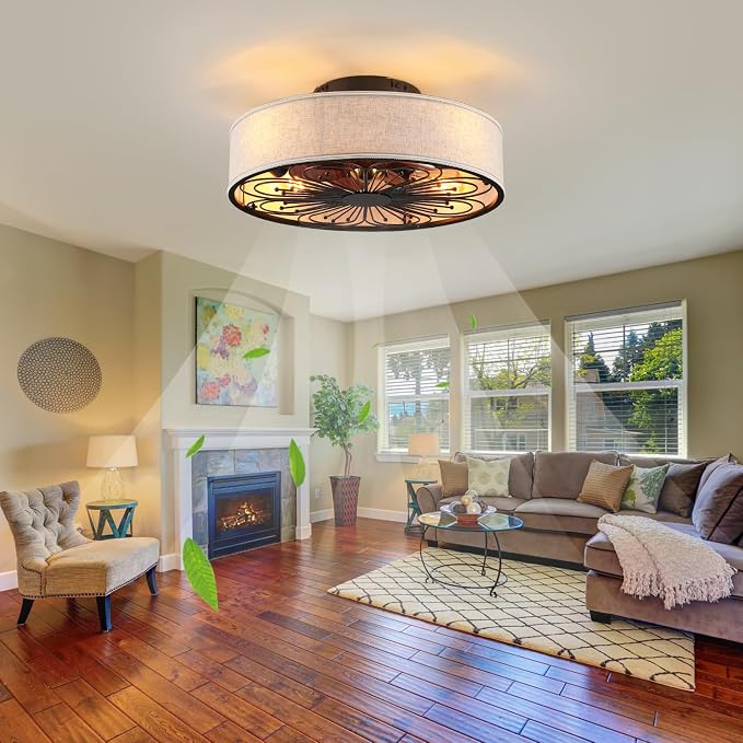 Caged Ceiling Fans with Lights Flush Mount,Low Profile Ceiling Fan with Remote,20 Inch Farmhouse White Ceiling Fan for Bedroom,6 Speeds Reversible Silent Fandalier(Include 4 Bulb)