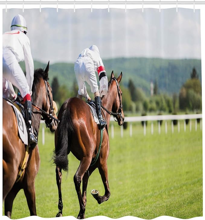Ambesonne Modern Shower Curtain, Performance Sport Horse Racing Galloping Jockeys Hobby Activity Picture, Cloth Fabric Bathroom Decor Set with Hooks, 69" W x 70" L, Brown Green