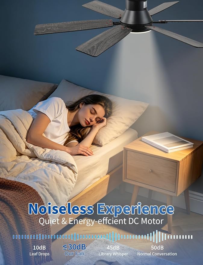 52 inch Low Profile Ceiling Fan with Light and Remote/APP Control, LED Dimmable, 3CCT, DC Reversible Motor, Modern, 6 Speeds, Black Flush Mount Ceiling Fans for Bedroom Living Room/Outdoor Use