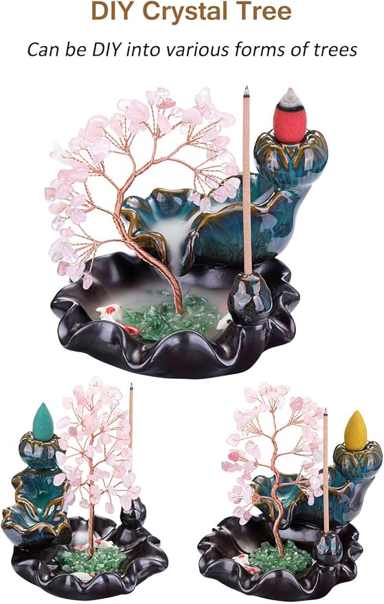 Jovivi Backflow Incense Burner Ceramic Incense Waterfall, Natural Rose Quartz Healing Crystal Money Tree Incense Holder for Wealth, Good Luck, Yoga Meditation, Home Decor