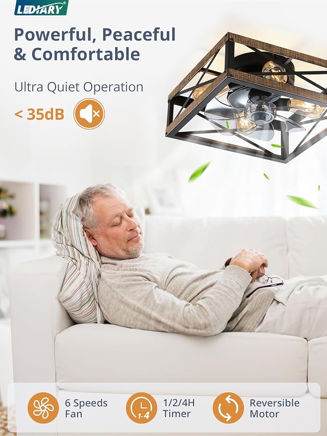 LEDIARY Caged Low Profile Square Ceiling Fans with Lights and Remote | 6 Speed and Reversible, Small Farmhouse Rustic Bladeless Ceiling Fan Flush Mount for Bedroom, Kitchen, Dining Room
