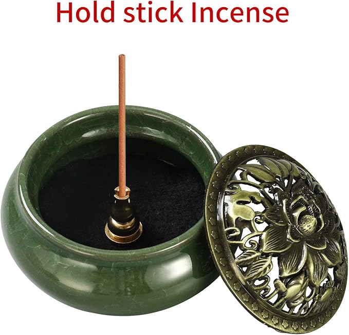 Miupoo Stick Incense Burner and Cone Incense Holder with Brass Incense Stick Holder Ceramic Ash Catcher (Dark Green)