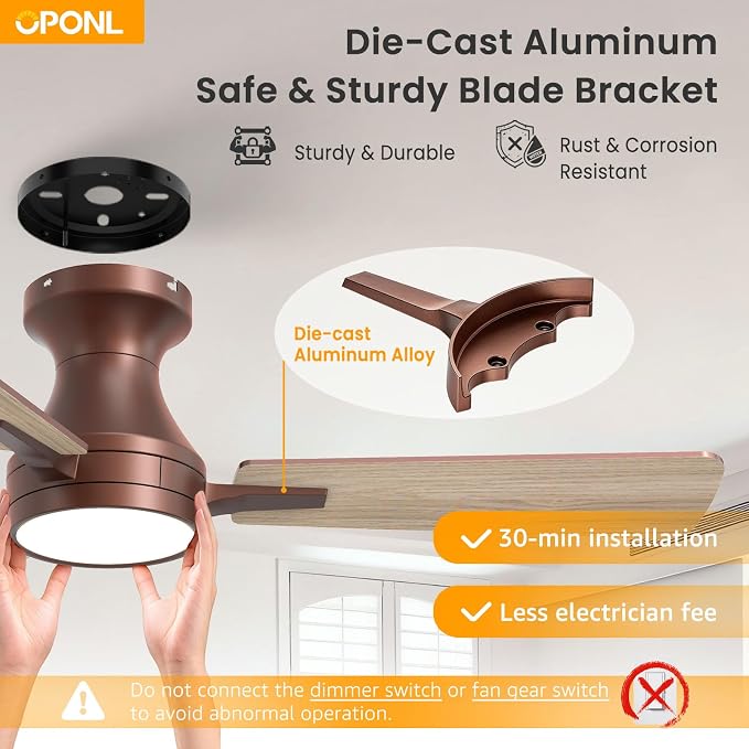 OPONL Ceiling Fan with Light, 42 inch Low Profile Ceiling fan with Light and Remote Control, Reversible, 6CCT, Dimmable, Noiseless, Brown Ceiling Fan for Bedroom, Indoor/Outdoor Use, Modern