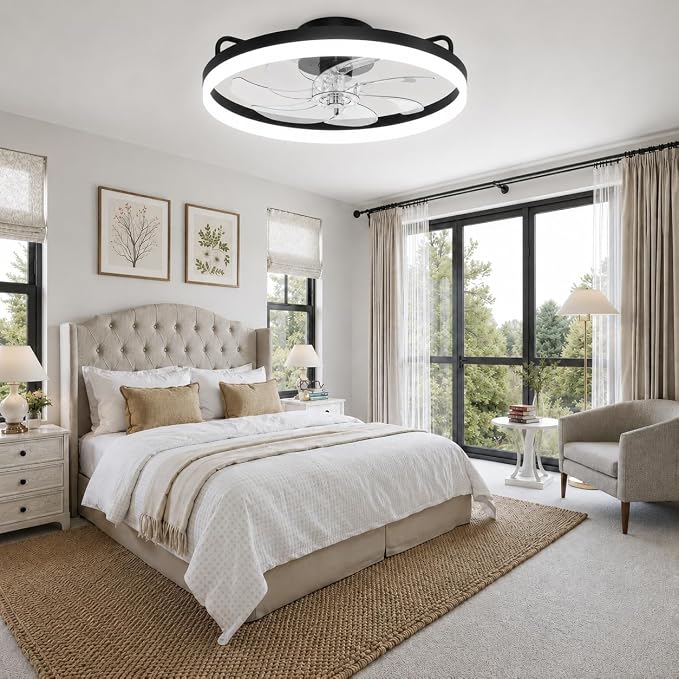 20 Inch Low Profile Ceiling Fans with Lights and Remote, Black | Flush Mount 7-Blade Fandelier with App Control, 3CCT Dimmable, Quiet Reversible DC Motor, 6 Speeds Ceiling Fan for Bedroom