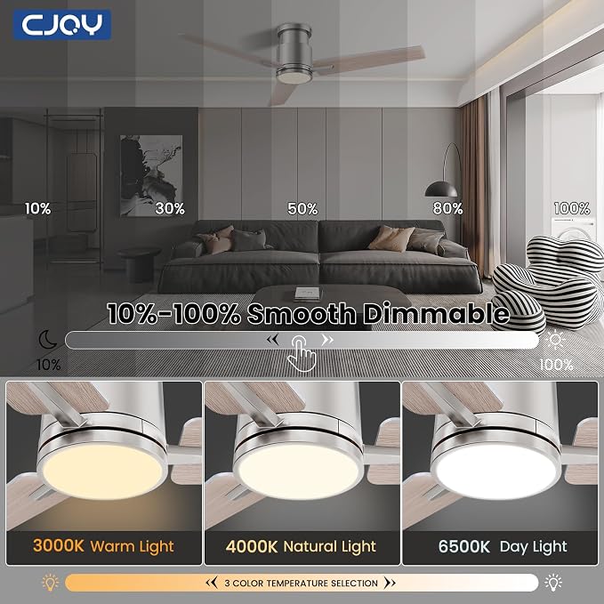 CJOY Ceiling Fans with Lights, 52 Inch Flush Mount Indoor Ceiling Fan with Light and Remote, Low Profile, LED Dimmable DC Reversible Modern Ceiling Fan for Bedroom（Brushed Nickel）