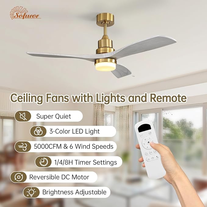 Sofucor 52 Inch Ceiling Fan with Light and Remote - 3 Solid Wood Blades, Quiet DC Motor, 6 Speeds 5000CFM, Dimmable Tri-Color LED with Memory, Timer & Reversible for Living Room Bedroom, ETL, Gold