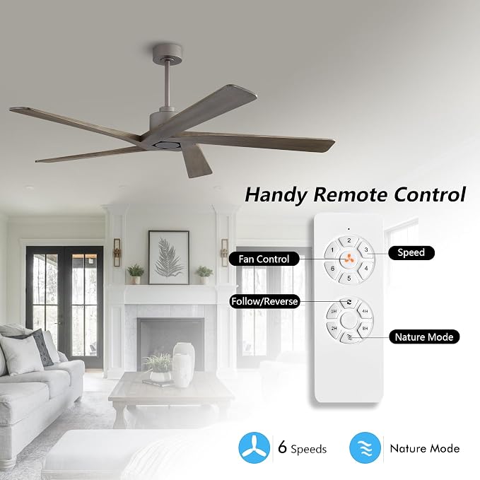 WINGBO 72 Inch DC Ceiling Fan No Light with 3 Downrods, 5 Reversible Carved Solid Wood Blades, 6-Speed Noiseless DC Motor, Ceiling Fan without Lights in Graphite Finish and Gray Blades, ETL Listed