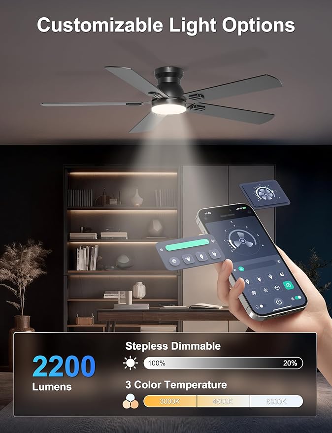 52'' Flush Mount Ceiling Fan with Lights, Space-Saving Low Profile for Low Ceilings, App/Remote Control, Safe Quiet DC Motor for Bedroom Living Room, Dimmable, Black