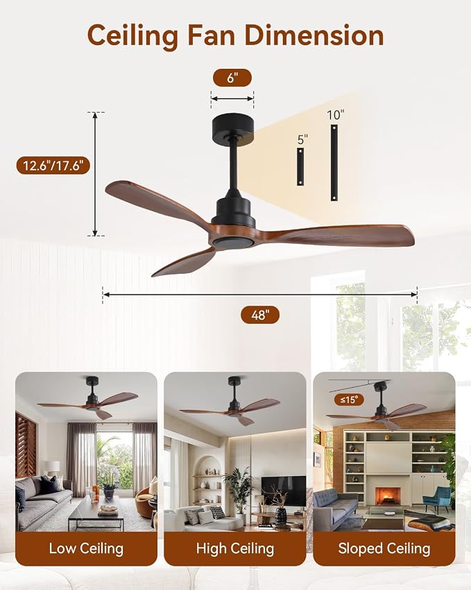 Sofucor 48 Inch Ceiling Fan No Light-Outdoor Ceiling Fans Without Lights, 3 Solid Wood Blades Quiet DC Motor, Modern Ceiling Fan with Remote Control for Indoor Bedroom/Living Room/Patios, Black&Walnut