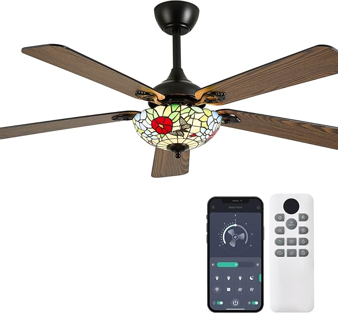 52" Tiffany Style Ceiling Fans with Lights, Vintage Chandelier Ceiling Fan with Stained Glass Shade, Dimmable LED, 6 Speeds Reversible for Bedroom (Butterfly Garden)