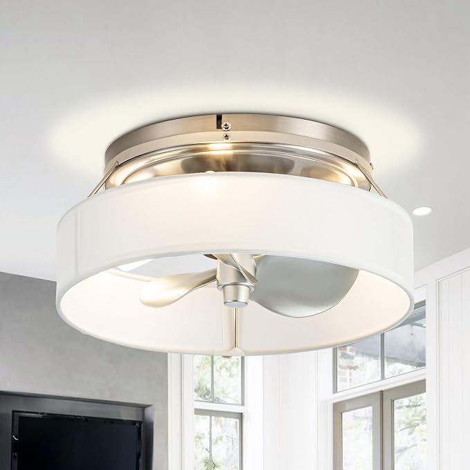 Low Profile Nickel Caged Ceiling Fan with Light and Remote, 12.6” Modern Flush Mount Ceiling Fan, DC Motor, Max 1350 RPM Silver Fandelier Ceiling Fans with G9 LED Light for Bedroom Kitche