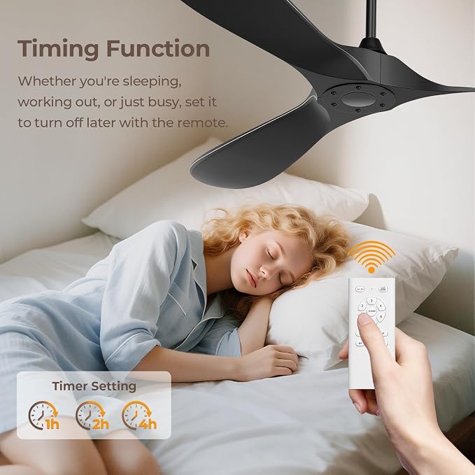 Obabala 60 Inch Ceiling Fan Without Lights, Black | Outdoor Ceiling Fan with Remote, 6-Speed Adjustable Reversible DC Motor for Patio & Living Room Black