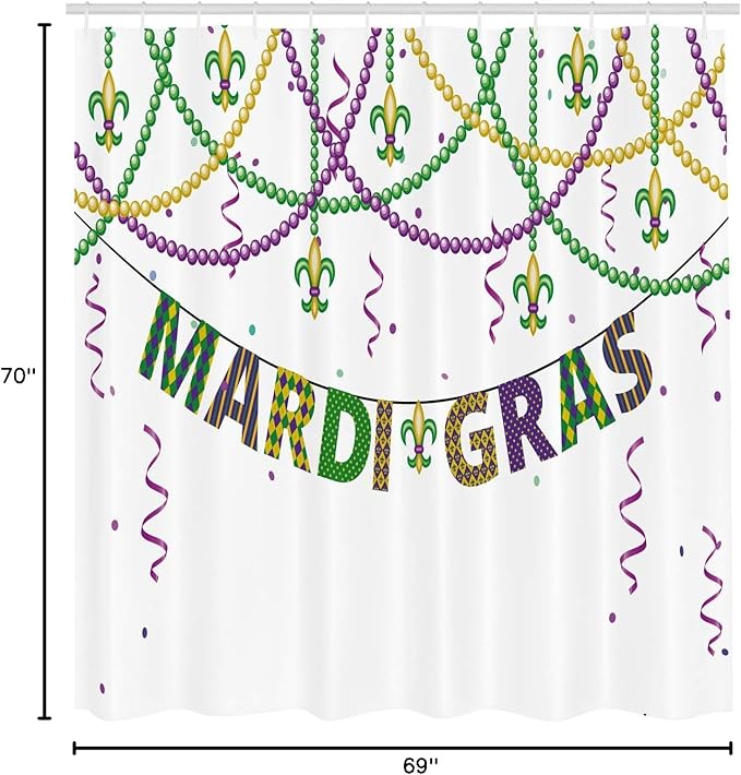 Ambesonne Mardi Gras Shower Curtain, Design with Fleur De Lis Hanging from Colorful Beads, Cloth Fabric Bathroom Decor Set with Hooks, 69" W x 70" L, Purple Green Yellow