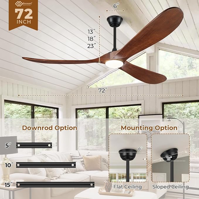 72" Outdoor Ceiling Fans with Lights and Remote Control, Large Ceiling Fan with Lights High CFM Quiet 3 Blades Propeller Wood Ceiling Fan, Outdoor Fan for Patio Porch Gazebo,Dark Walnut