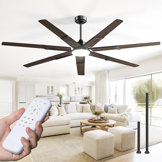 Amico Ceiling Fans with Lights,74 inch Walnut Ceiling fan with Light and Remote, 6 Speed Reversible DC Motor, 3CCT, Dimmable, Quiet, Timer, Outdoor Ceiling Fan for Patio, Living room, Indoor/Outdoor