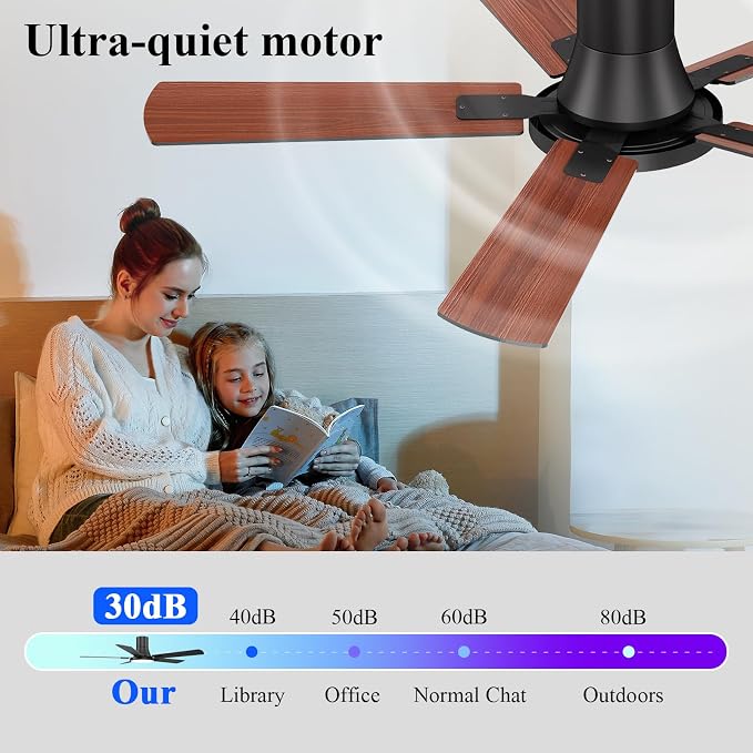 SNJ 52 Inch Black Ceiling Fans with Lights and Remote,Flush Mount Low Profile 5 Blades Ceiling Fan,Dimmable Quiet Reversible DC Motor for,Living Room,Bedroom and Patio