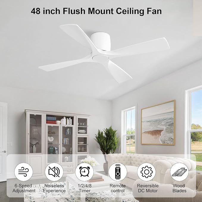 WINGBO 48 Inch Ceiling Fan Without Light, Solid Wood Flush Mount Ceiling Fan with Remote Control, Reversible DC Motor, 4 Blades, 6-Speed Quiet Performance, for Bedroom & Living Room, White