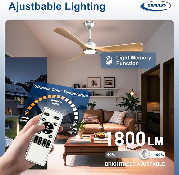 Depuley 52-Inch Ceiling Fan with Light: Wood Grain 3 Blade Outdoor Fandelier Ceiling Fans with Lights for Patios - Dimmable Indoor Fan with Remote Control Reversible DC Motor for Porch Living Room