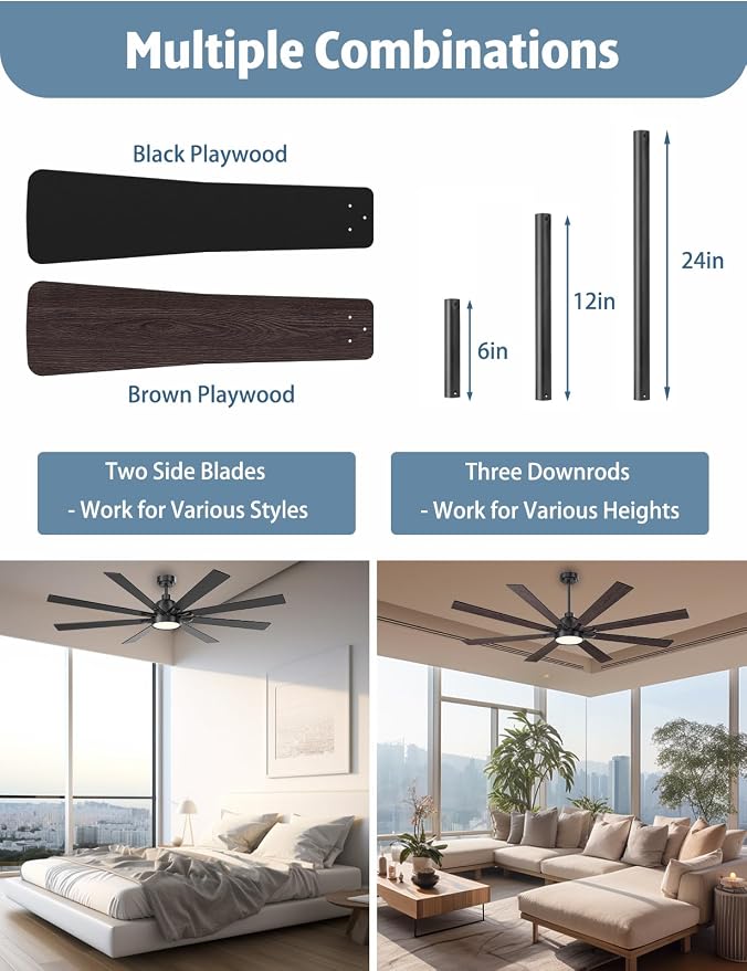 72 Inch Large Ceiling Fans with Lights and Remote - Matte Black Ceiling Fan with light, Quiet DC Motor, 3 CCT, Dimmable Modern Indoor Outdoor Ceiling Fans for Patios Living Room (Upgraded)