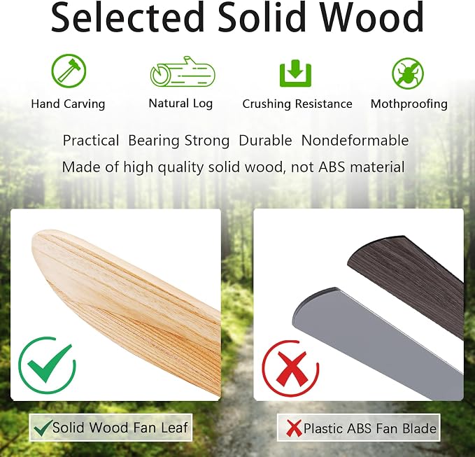 QUTWOB 60" 3-Blade Wood Ceiling Fan No Light with Remote, Indoor Outdoor | solid raw wood blades, quiet dc inverter motor, 6-speed reversible remote, no light, for indoor outdoor patio garage