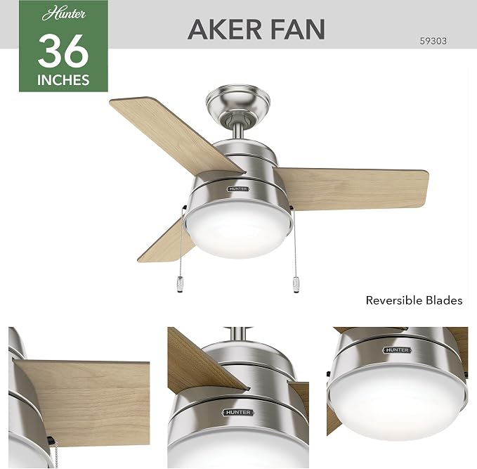 Hunter Aker, Indoor, Ceiling Fan, Modern, Small, 36 inch, Brushed Nickel