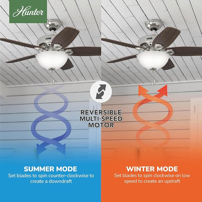 Hunter 42 inch Indoor Ceiling Fan with LED Light - Ceiling Fan with Pull Chain, For Bedroom or Living Room, Standard Mount, No Remote, 5 Blades, Includes Bulbs - Builder 52219, Brushed Nickel