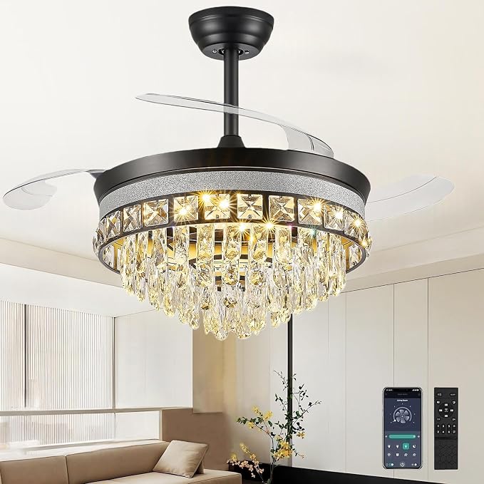 42 Inch Fandelier Ceiling Fan with Light, Chandelier Ceiling Fans with Lights, Crystal Ceiling Fans for Bedroom Living Room, LED Dimmable, 6 Wind Speed,3 Color Temperatures-Black