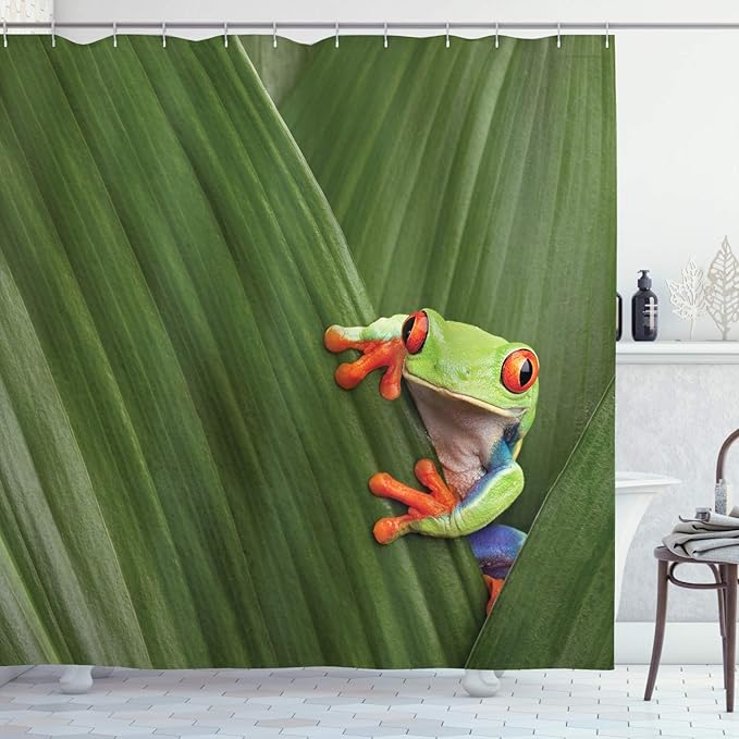 Ambesonne Animal Shower Curtain, Red Eyed Tree Frog Hiding in Exotic Macro Leaf in Costa Rica Rainforest Tropical Nature, Cloth Fabric Bathroom Decor Set with Hooks, 69" W x 70" L, Green