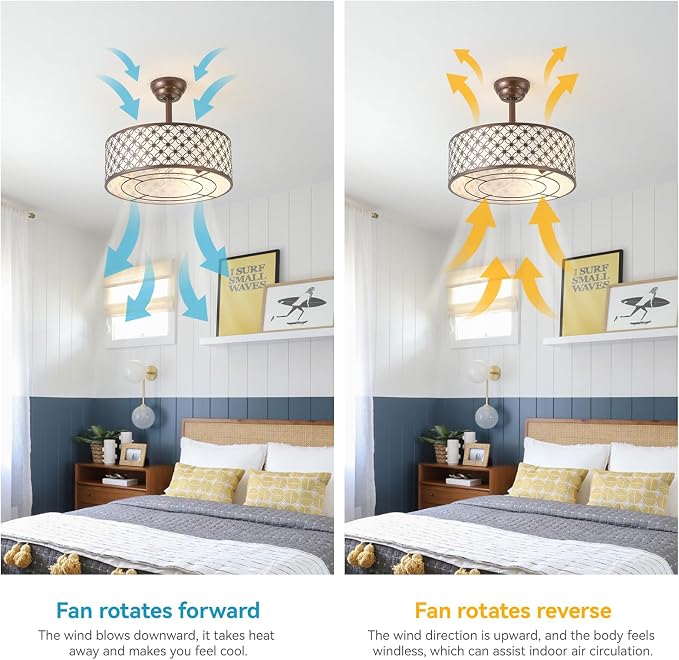 Brown Fandelier Ceiling Fan with Light, 20" Caged Brown Chandelier Ceiling Fans with Lights Remote Control, Fabric Mid-Century Modern with 6 Speeds for Bedroom, Nursery, Living Room.