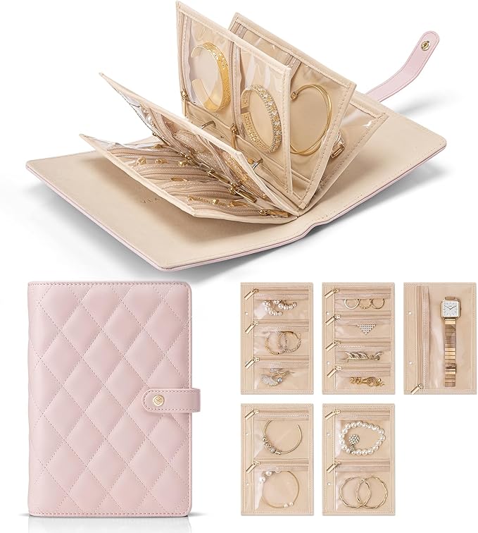 VLANDO Travel Jewelry Case,Jewelry Organizer Box with Clear Zipper Velvet Jewelry Pouch Bag, PU Leather Jewelry Case,Gift for Women-Pink