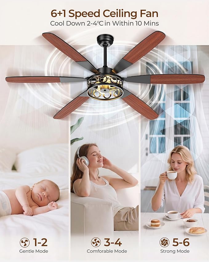 Ceiling Fans with Lights and Remote, 62'' Vintage Caged Ceiling Fan with Light, 6 Blades, 6+1 Speed, Flush Mount Ceiling Fan Whisper-quiet for Farmhouse, Living Room, Kitchen and Porch (62 Inch)