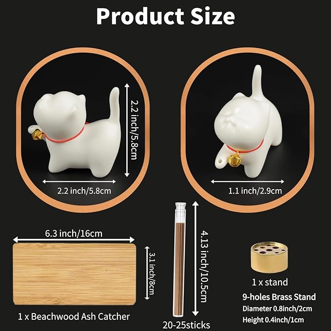 Upgraded Package Incense Holder Handmade Ceramic Cat, Incense-Stick Holder with Sticks, Bamboo Mat and Brass Incense Stand, Cute Cat Insence Burner Holder for Meditation Yoga Massage Home Decor Gift