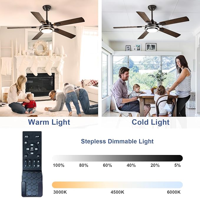 Depuley 52-Inch Ceiling Fan with Light: Walnut Ceiling Fans with 5 Blades Dual Finish Reversible - Farmhouse Ceiling Fan with Remote Control Noiseless for Living Room Outdoor Patios