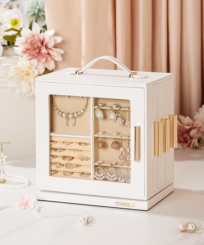 Homde Rotating Jewelry Box for Women: 7-Drawer Organizer with Clear Window | 4-Side Access Sorts Daily Jewelry - Jewelry Lovers Find Favorites Fast on Vanities - Display for Earring Ring Necklace