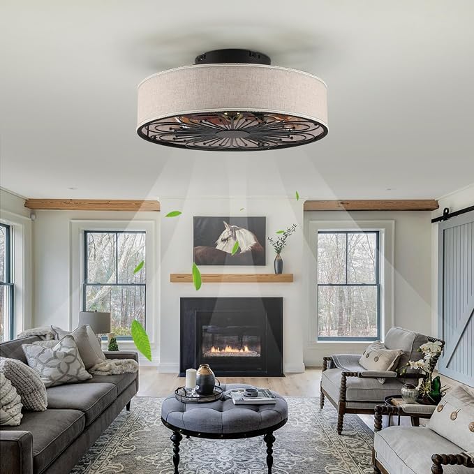 Caged Ceiling Fans with Lights Flush Mount,Low Profile Ceiling Fan with Remote,20 Inch Farmhouse White Ceiling Fan for Bedroom,6 Speeds Reversible Silent Fandalier(Include 4 Bulb)