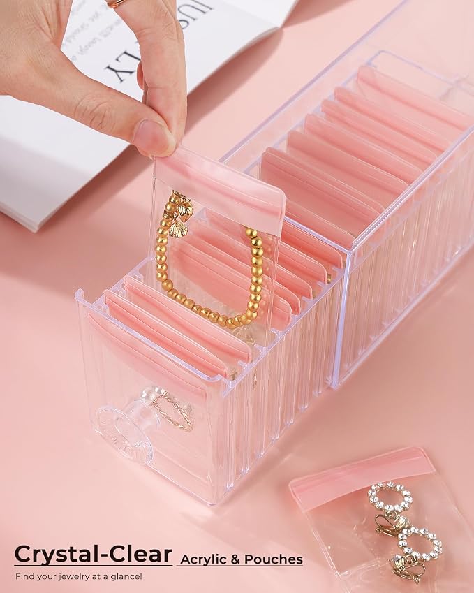 HOMEHIVE Clear Acrylic Jewelry Organizer Box with 20 Portable Pouches, Jewelry Storage Case for Women Girls, Tangle-Free, Anti-Tarnish, Compact Storage for Necklaces/Earrings/Rings, Upgraded Pink