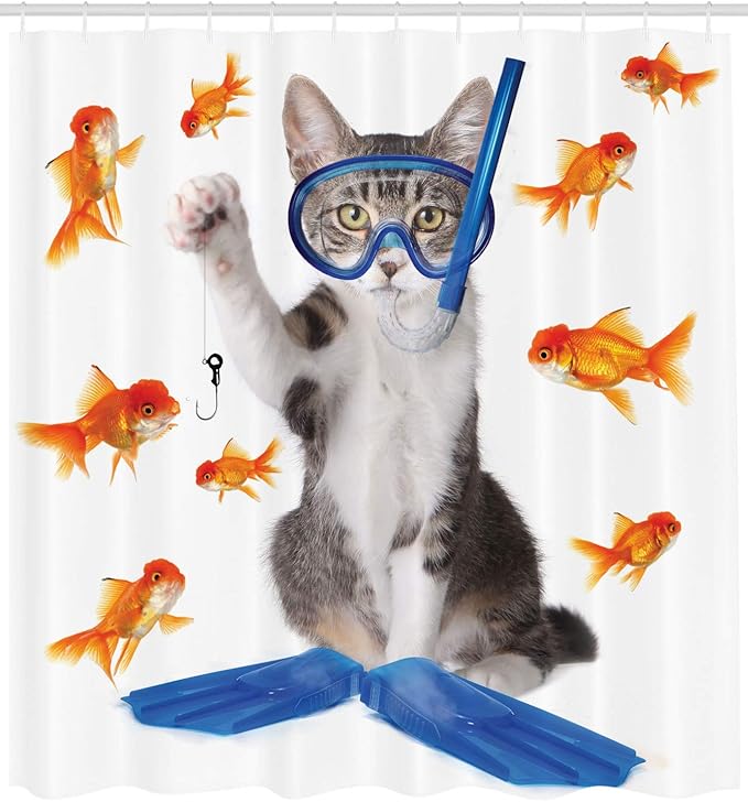 Ambesonne Cat Shower Curtain, Modern Spin on The Term Fishing Curiosity Goldfish Hunting Humorous Art, Cloth Fabric Bathroom Decor Set with Hooks, 69" W x 84" L, Blue Orange