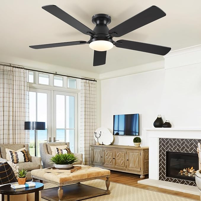 52 Inch Ceiling Fans with Lights and Remote, Flush Mount, Black | Low Profile, Dimmable LED, Reversible, Quiet DC Motor, Wooden Blades, for Modern Apartment Bedroom Home Office Living Room
