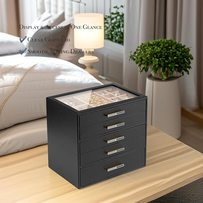 VLANDO 5-Drawer Jewelry Box with Glass Lid, Faux Leather Organizer for Rings Earrings Necklaces and More, Gift-Ready Jewelry Case for Women Girls or Moms, Black